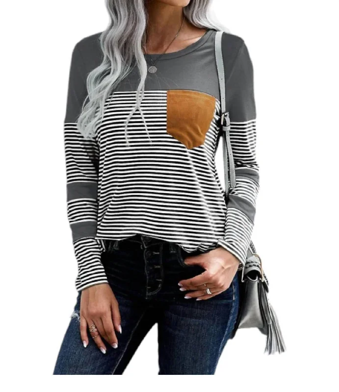 Stripes And Suede Pocket Top In Grey New Arrivals