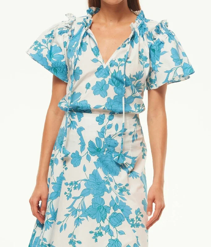 Suparna Top In Turquoise Flora Poplin Evening Elegance