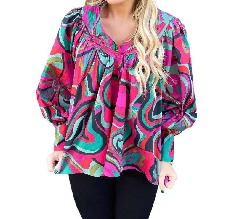 Swirl Pleat Top In Magenta/green Hot Deals