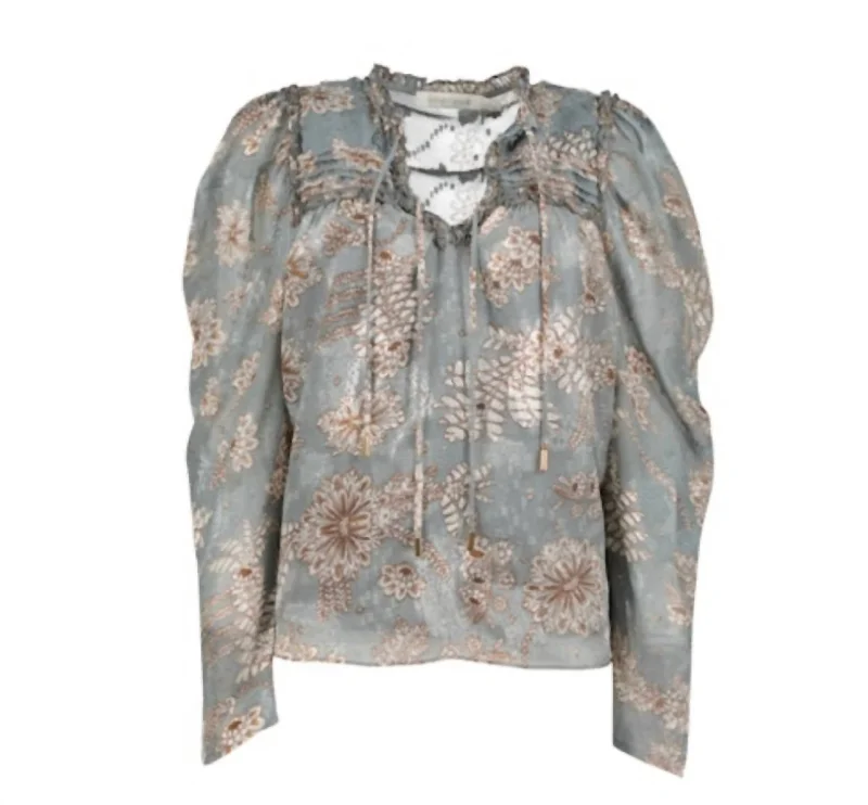 Sydney Blouse With Brown Floral Print In Blue/gray Top Brand Discounts