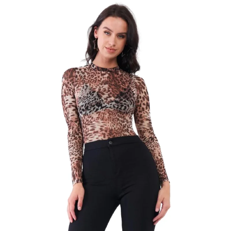 Taupe Brown Jaguar Print Sheer Mesh Mock Neck Long Sleeve Bodysuit Trend Alert