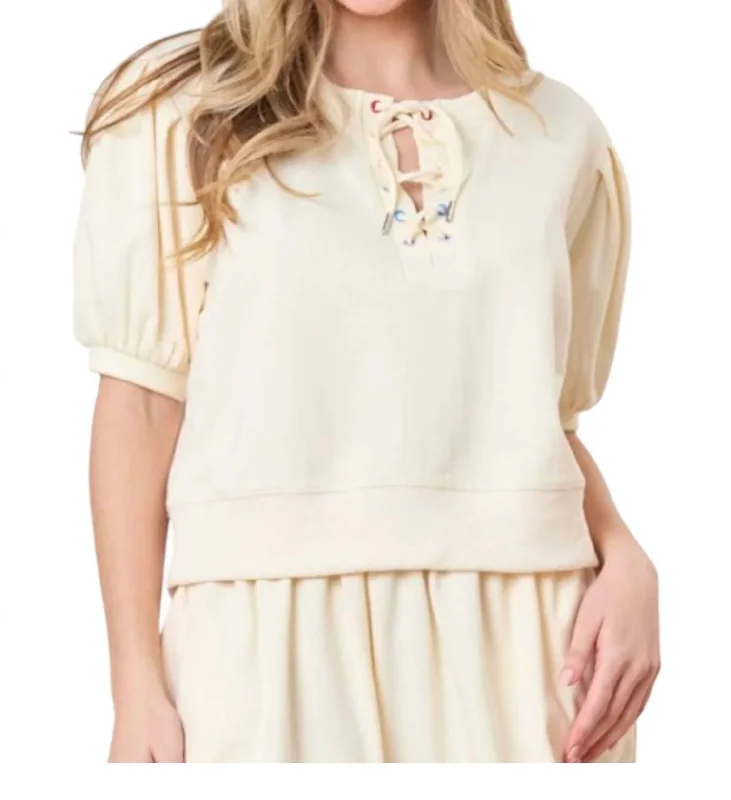 Terry Multi Detail Puff Sleeve Top In Cream Stylish Statements