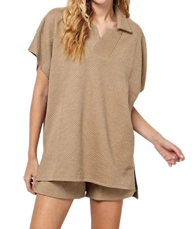 Texture Collar Drop Shoulder Top In Tan Forward Trendsetter