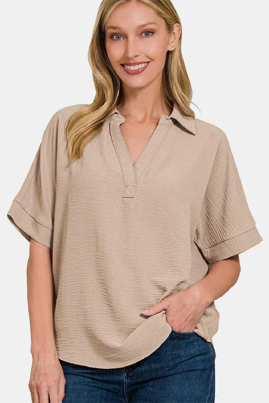 Texture Collared Neck Short Sleeve Top Exclusive Discount