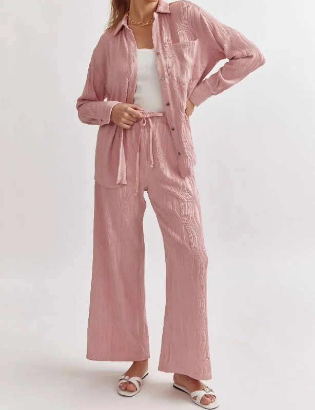 Textured Button Up Pant Set In Light Pink Get The Latest Trends