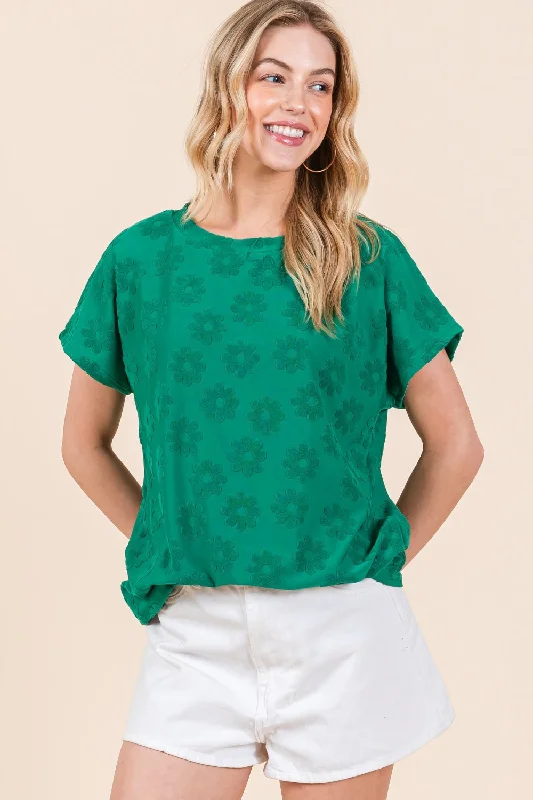 Textured Floral Pattern Short Sleeve T-Shirt Exclusive Discount