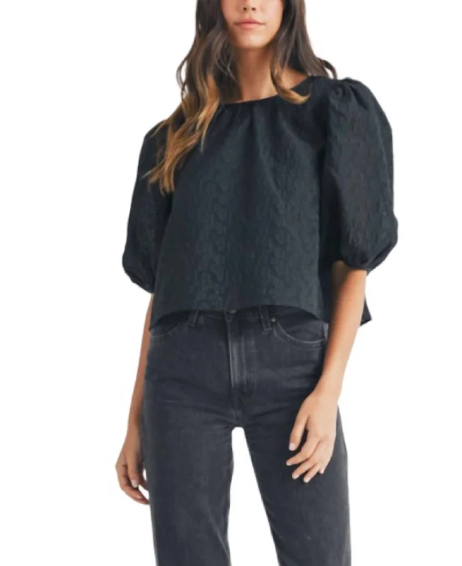 Textured Jacquard Puff Sleeve Top In Black Quick Grab Deals