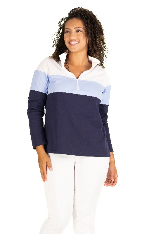 The Active Pique Misty Quarter Zip in Blue Colorblock Fashion Forward