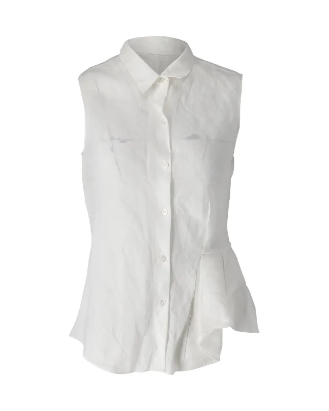 Theory Biaz Sleeveless Ruffled Gauze Blouse in White Silk Fashion Deal