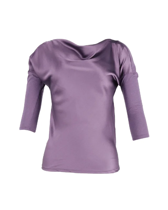 Theory Draped Cowl Neck Blouse in Purple Silk Chic Sophistication