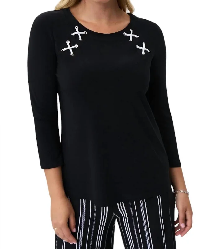 Three-Quarter Sleeve Top In Black/vanilla Budget Saver