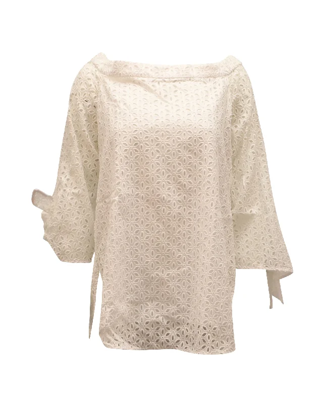 Tibi Off-Shoulder Eyelet Blouse in White Cotton Fashion Sale