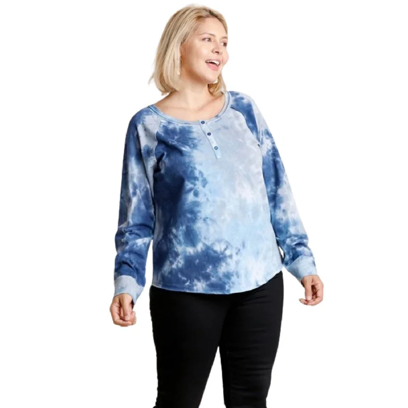 Tie-dye Button Front Long Raglan Sleeve Top With Raw Hem Parisian Effortless Chic Style