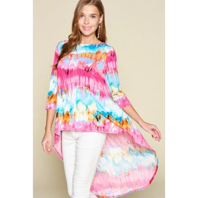 Tie-dye Venechia High Low Fashion Top With 3/4 Sleeves Trend Forward Threads For Her