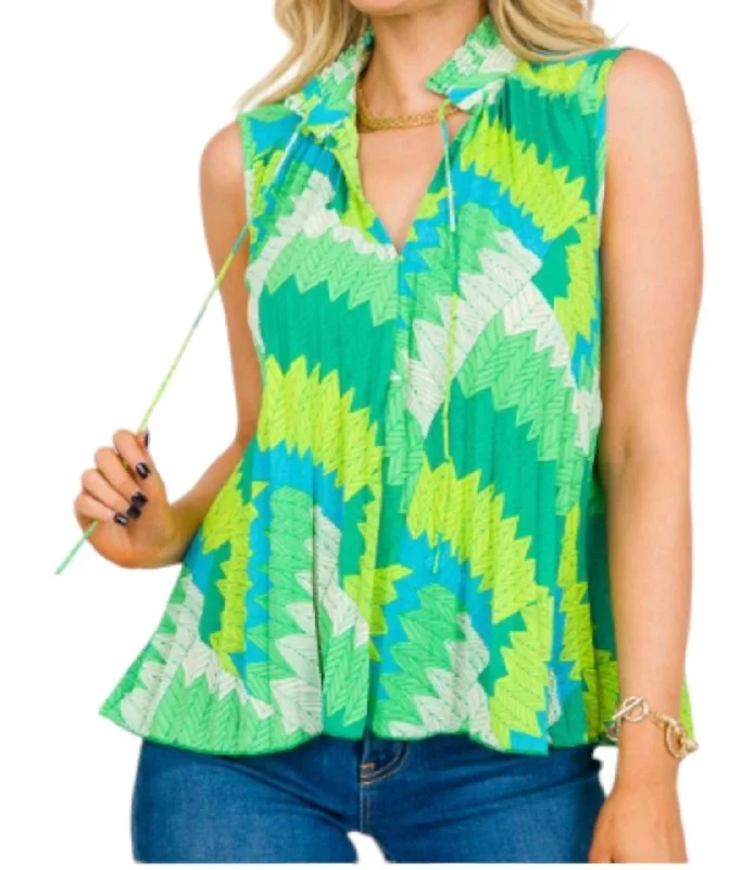 Tie Neck Printed Top In Green Bold Patterns