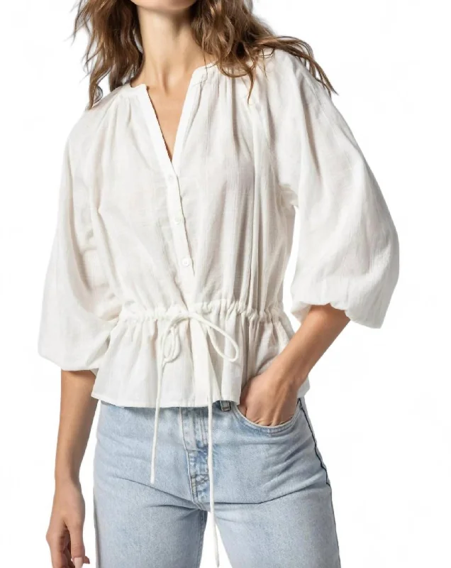 Tie Waist Button Down Top In White Budget Friendly