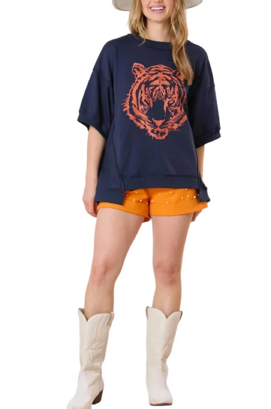 Tiger Head Sequins Embroidery Short Sleeve Top In Navy/orange Summer Fashion