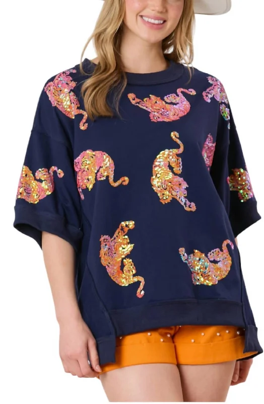 Tigers Sequins Embroidery Short Sleeve Top In Navy/orange Women's Urban Fashion