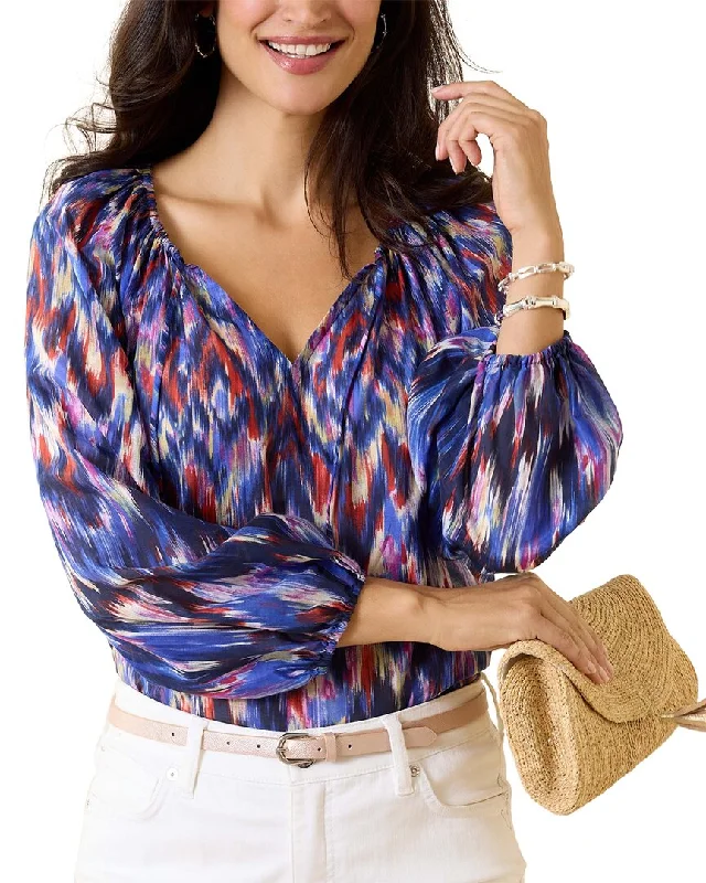 Tommy Bahama Iridescent Ikat Silk-Blend Peasant Top Stylish Statements