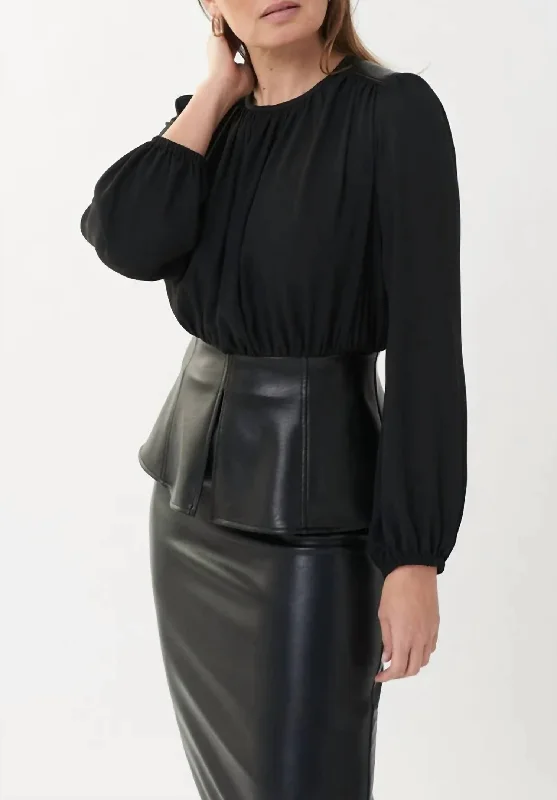 Top With Faux Leather Trim In Black Vintage Look