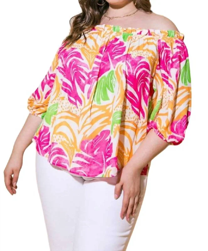 Tropical Off Shoulder Top In Fuchsia Orange Formal Outfit