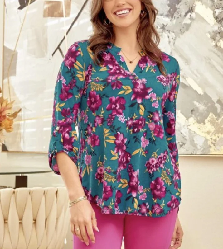 Truly 3/4 Sleeve Top In Teal & Magenta Floral Cutting Edge Fashion