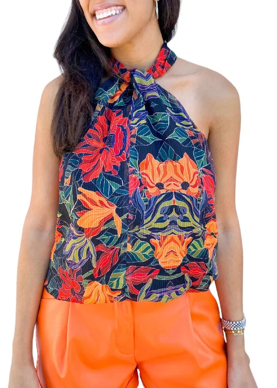 Twist Neck Halter Top In Navy Multi Travel Essentials