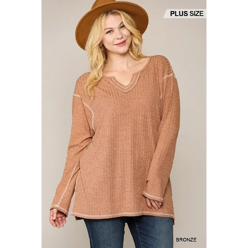 Two-tone Ribbed Tunic Top With Side Slits Season Sale