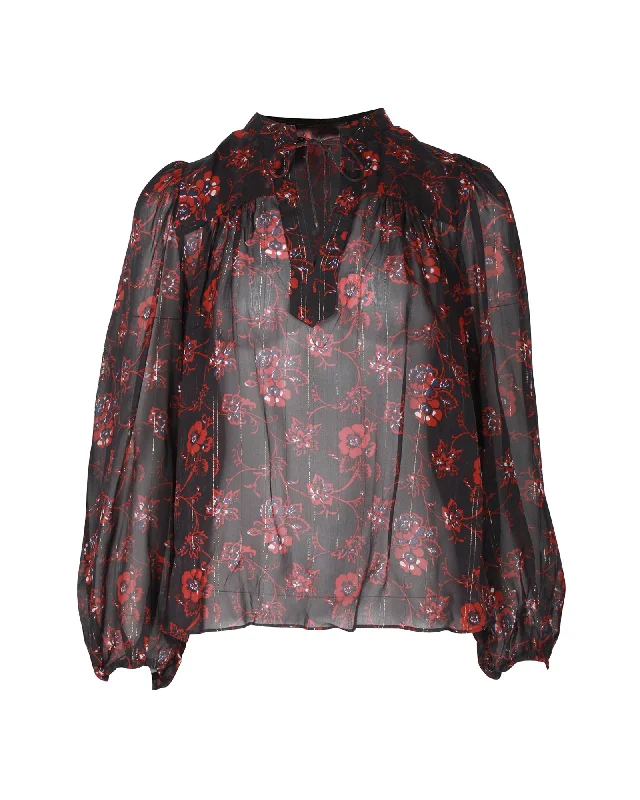 Ulla Johnson Floral Long-Sleeve Top in Black Silk Fashion Essentials