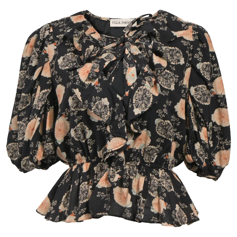 Ulla Johnson Floral Print V-Neck Blouse in Black Cotton Fashion For Every Occasion