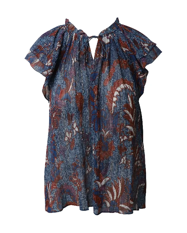 Ulla Johnson Floral Printed Blouse in Blue Cotton Silk Feminine Soft - Hued Look