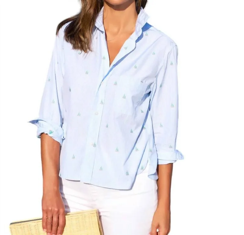 Untuckable Button Up Shirt In Light Blue Stripe W/ Sailboats Save Big