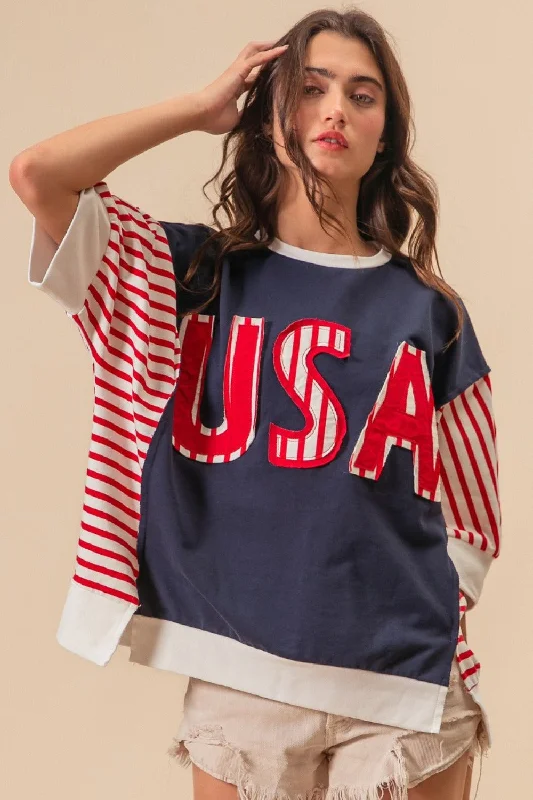 USA Letter Patchwork Contrast Short Sleeve T-Shirt Wardrobe Essentials