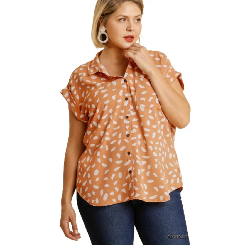 V-neck Dalmatian Print Button Front Top With Pocket Detail Season Transition Versatile Wear Clearance