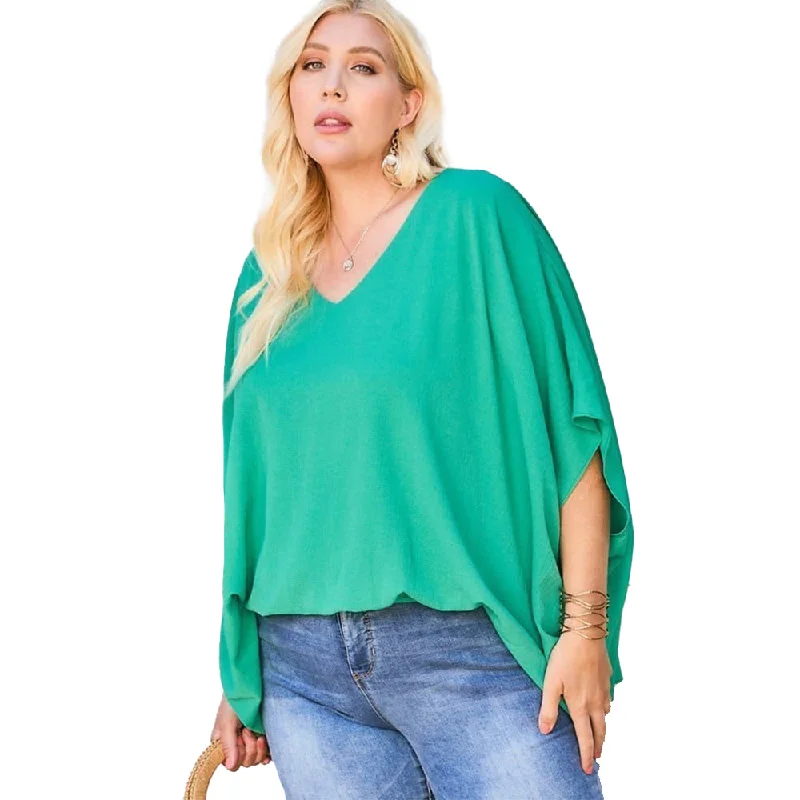 V Neck Dolman Sleeves Front Waist Elastic Solid Top Dive Into Trendy Styles