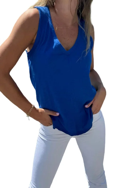 V Neck Tank With Center Front Seam In Cerulean Cool Prices