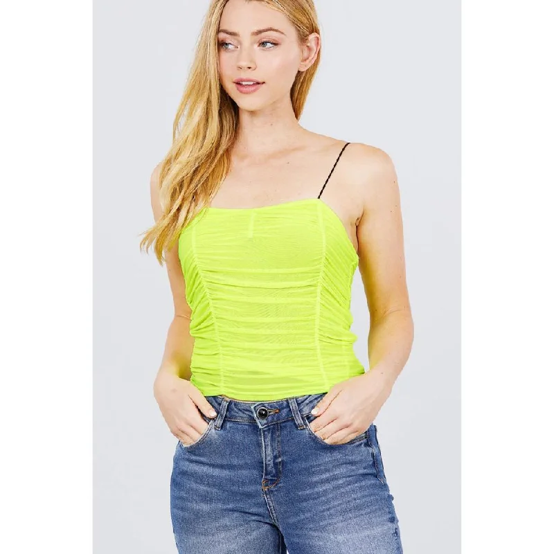 V-neck W/shirring Detail Elastic Strap Mesh Cami Top Exclusive Sale