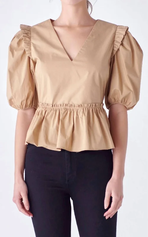 V-Neckline Puff Sleeve Top In Tan Limited Styles