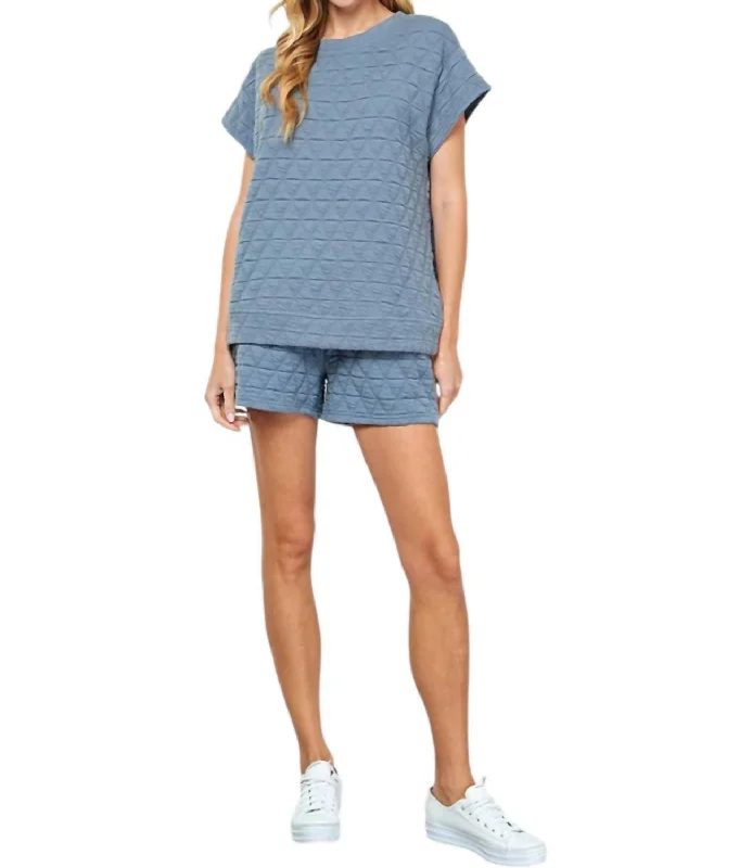 Vail Quilted Short Sleeve Top In Dusty Blue Luxury Comfort