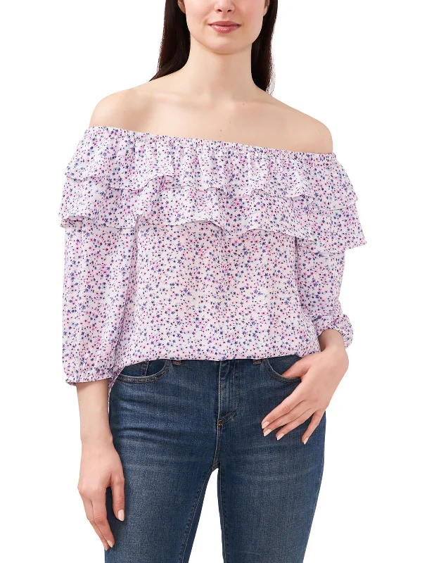 Vibrant Blooms Womens Ruffled Floral Print Off The Shoulder Cool Prices