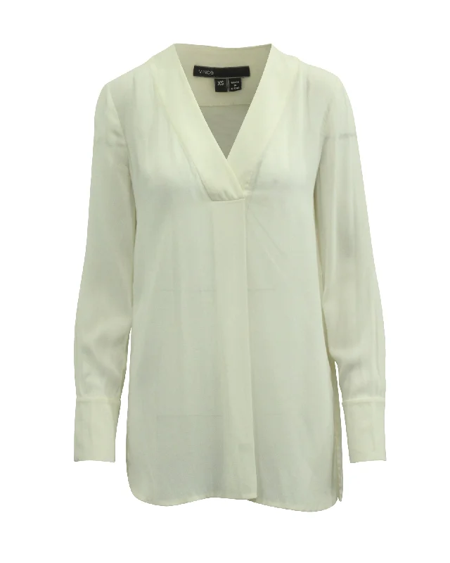 Vince Long Sleeve V-neck Blouse in White Rayon End Of Season Clearance