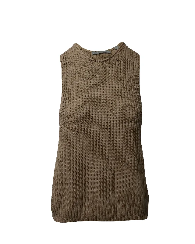 Vince Waffle Stitch Knit Top in Beige Cotton Imeless Style