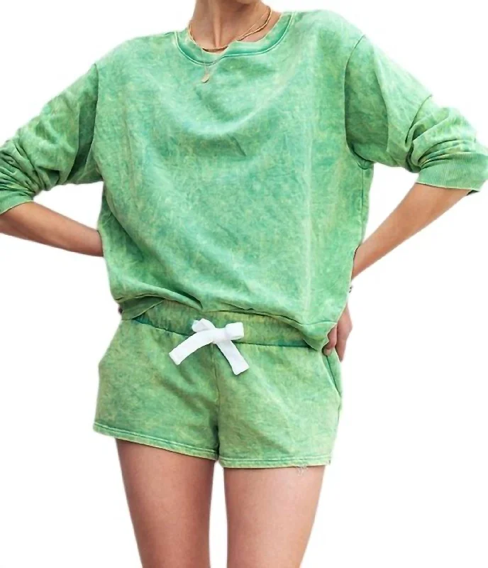 Vintage Washed Crew Neck French Terry Sweatshirt In Apple Green Graceful Drape