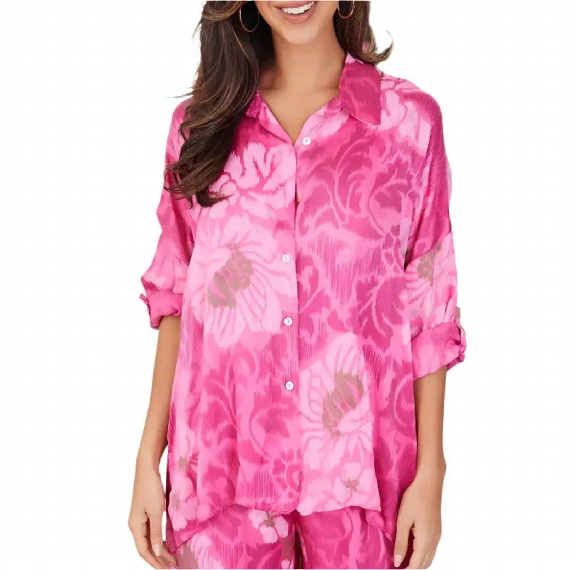 Viscose Ikat Button Down Blouse In Fuchsia Trend Alert