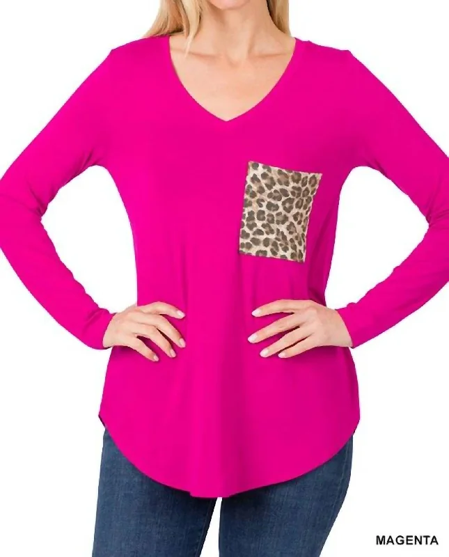 Vneck Leopard Pocket Long Sleeve Top In Magenta Exclusive Sale