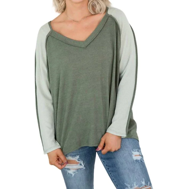 Waffle Long Sleeve Top In Sage Budget Friendly Fashion