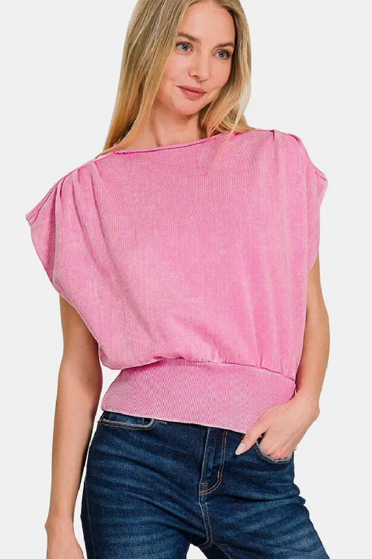 Washed Boat Neck Bottom Banded Dolman Sleeve Top End Of Season Sale