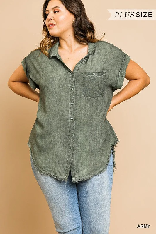 Washed Button Up Short Sleeve Top With Frayed Hemline Best Deals Of The Season