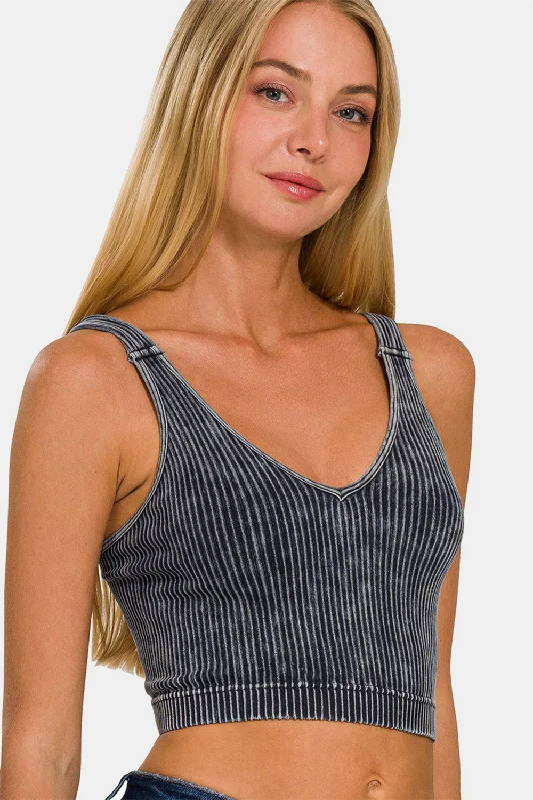 Washed Ribbed Cropped V-Neck Tank Top Deals