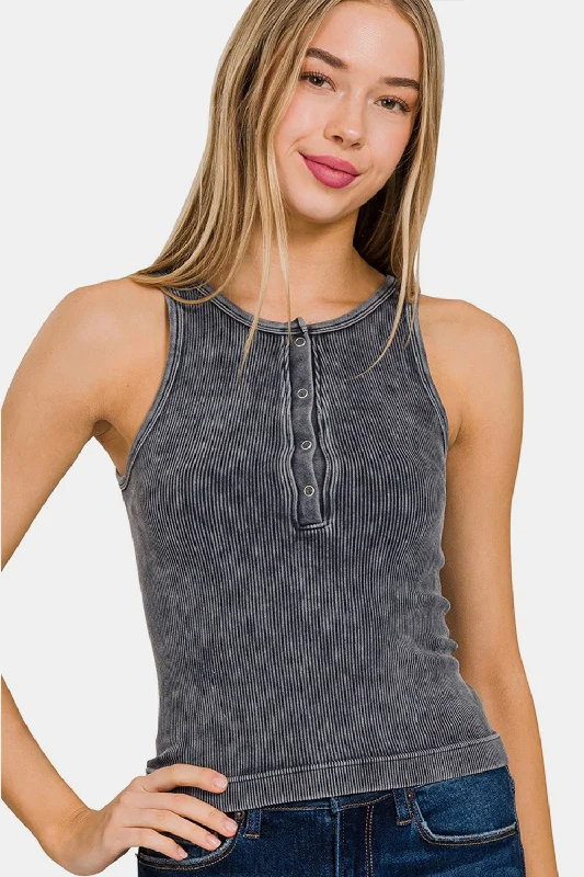 Washed Ribbed Half Snap Seamless Tank Exquisite Women's Wear Sale